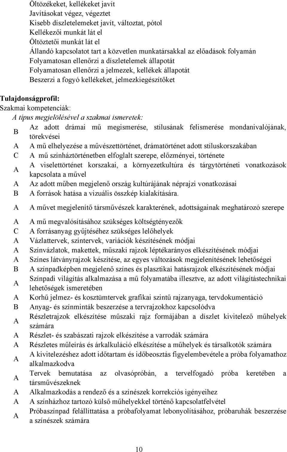 Tulajdonságprofil: Szakmai kompetenciák: típus megjelölésével a szakmai ismeretek: z adott drámai mű megismerése, stílusának felismerése mondanivalójának, törekvései mű elhelyezése a