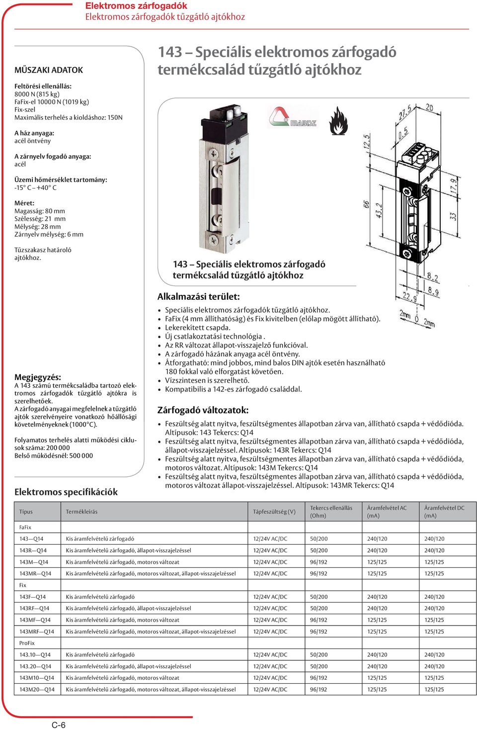 A 143 számú termékcsaládba tartozó elektromos zárfogadók tűzgátló ajtókra is szerelhetőek.