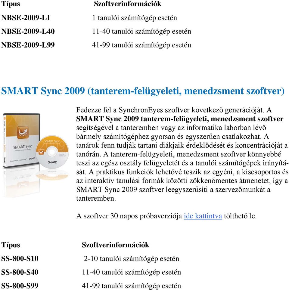 A SMART Sync 2009 tanterem-felügyeleti, menedzsment szoftver segítségével a tanteremben vagy az informatika laborban lévő bármely számítógéphez gyorsan és egyszerűen csatlakozhat.