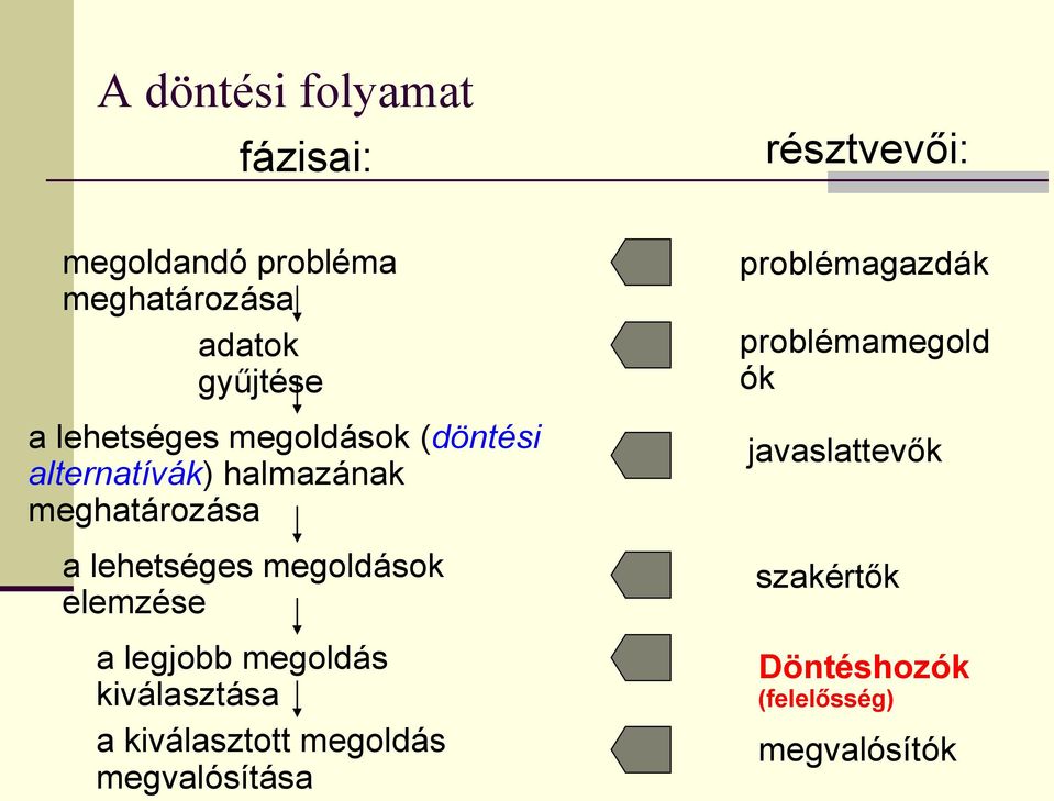 megoldások elemzése a legjobb megoldás kiválasztása a kiválasztott megoldás megvalósítása