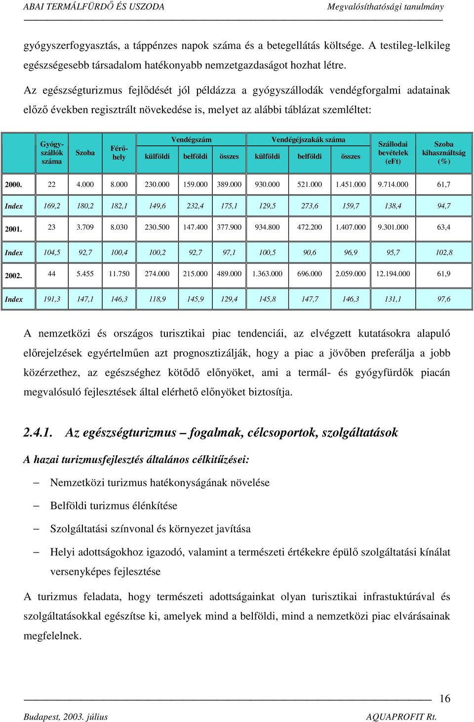 Vendégszám Vendégéjszakák száma Férőhely külföldi belföldi összes külföldi belföldi összes Szállodai bevételek (eft) Szoba kihasználtság (%) 2000. 22 4.000 8.000 230.000 159.000 389.000 930.000 521.