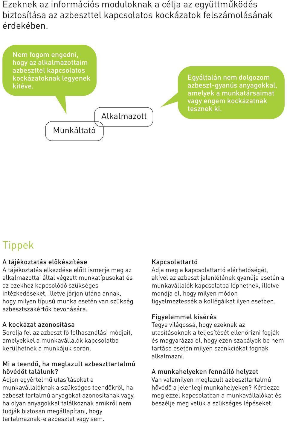 Munkáltató Alkalmazott egyáltalán nem dolgozom azbeszt-gyanús anyagokkal, amelyek a munkatársaimat vagy engem kockázatnak tesznek ki.