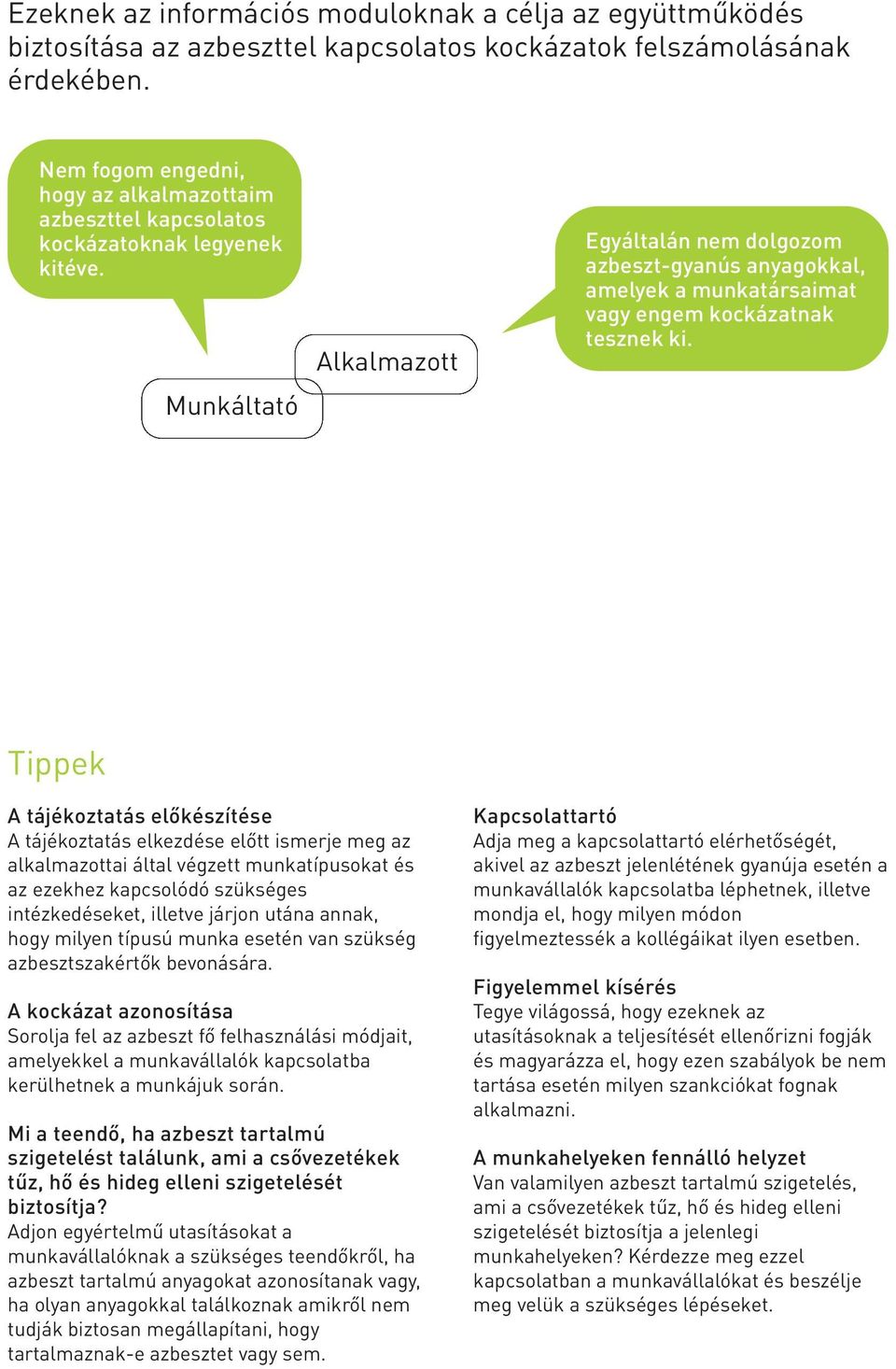 Munkáltató Alkalmazott egyáltalán nem dolgozom azbeszt-gyanús anyagokkal, amelyek a munkatársaimat vagy engem kockázatnak tesznek ki.