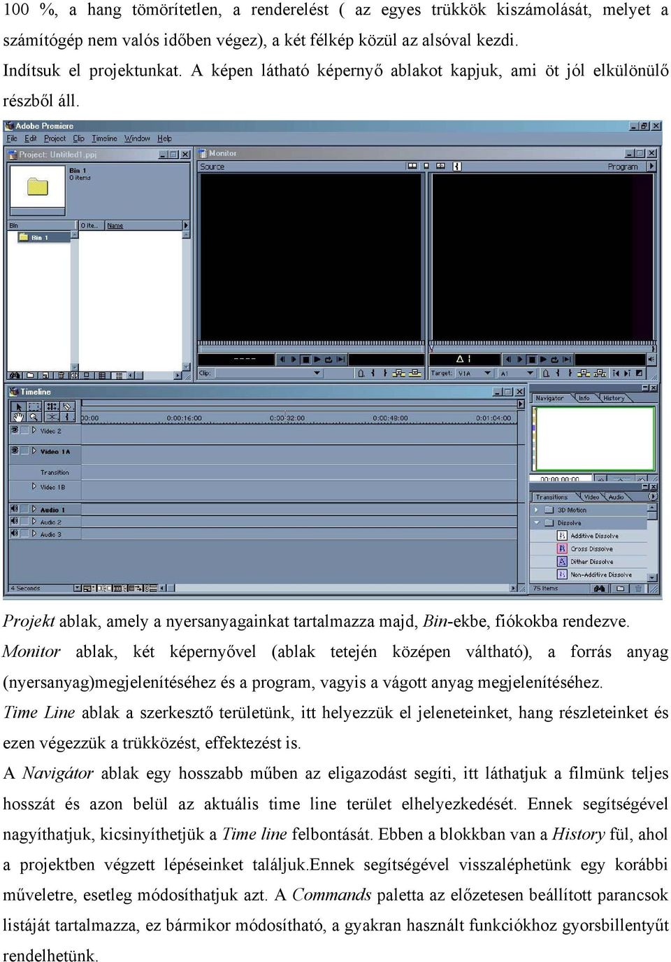 Monitor ablak, két képernyővel (ablak tetején középen váltható), a forrás anyag (nyersanyag)megjelenítéséhez és a program, vagyis a vágott anyag megjelenítéséhez.