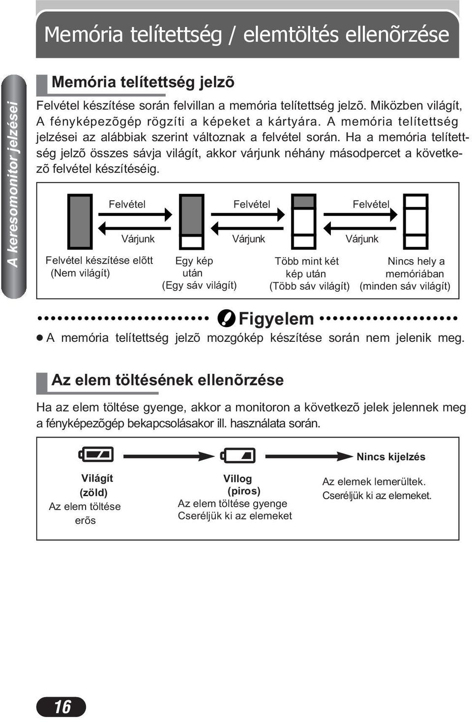 Ha a memória telítettség jelzõ összes sávja világít, akkor várjunk néhány másodpercet a következõ felvétel készítéséig.