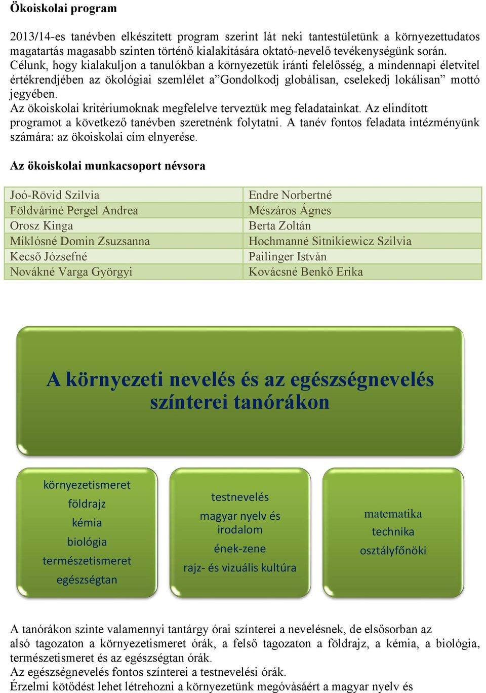 Az ökoiskolai kritériumoknak megfelelve terveztük meg feladatainkat. Az elindított programot a következő tanévben szeretnénk folytatni.