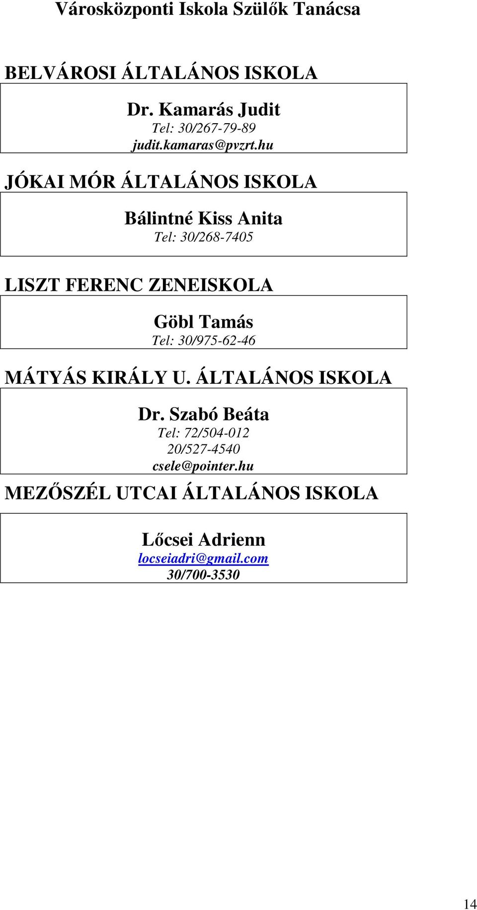 hu JÓKAI MÓR ÁLTALÁNOS ISKOLA Bálintné Kiss Anita Tel: 30/268-7405 LISZT FERENC ZENEISKOLA Göbl Tamás