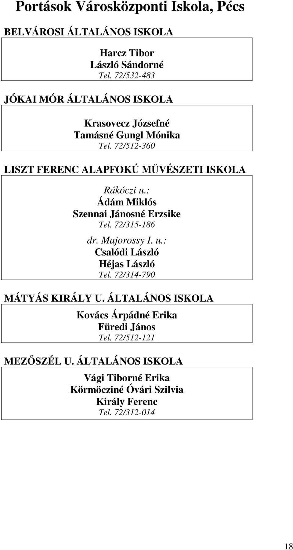 72/512-360 LISZT FERENC ALAPFOKÚ MŐVÉSZETI ISKOLA Rákóczi u.: Ádám Miklós Szennai Jánosné Erzsike Tel. 72/315-186 dr. Majorossy I. u.: Csalódi László Héjas László Tel.