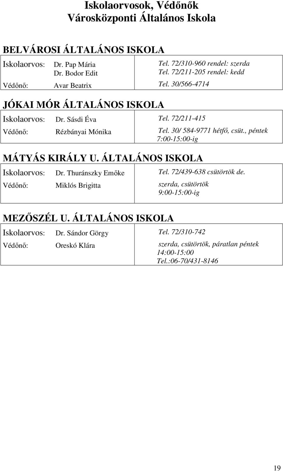 30/566-4714 Tel. 72/211-415 MÁTYÁS KIRÁLY U. ÁLTALÁNOS ISKOLA Iskolaorvos: Védını: Dr. Thuránszky Emıke Miklós Brigitta Tel. 30/ 584-9771 hétfı, csüt.