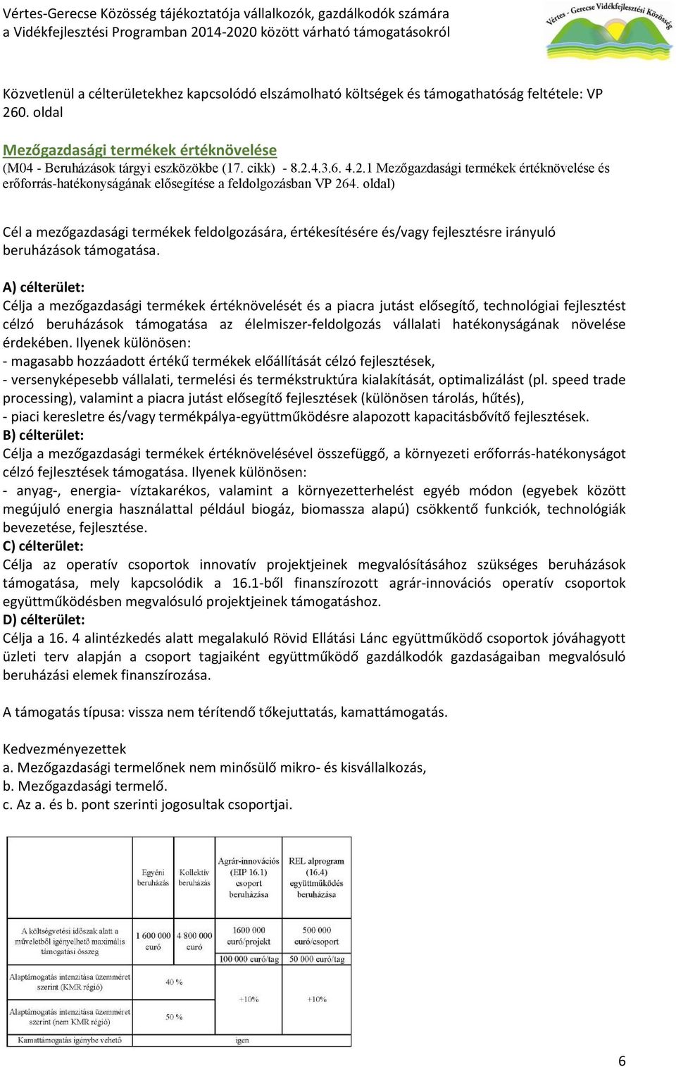 A) célterület: Célja a mezőgazdasági termékek értéknövelését és a piacra jutást elősegítő, technológiai fejlesztést célzó beruházások támogatása az élelmiszer-feldolgozás vállalati hatékonyságának