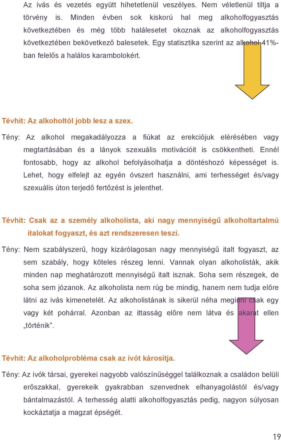 Egy statisztika szerint az alkohol 41%- ban felelős a halálos karambolokért. Tévhit: Az alkoholtól jobb lesz a szex.