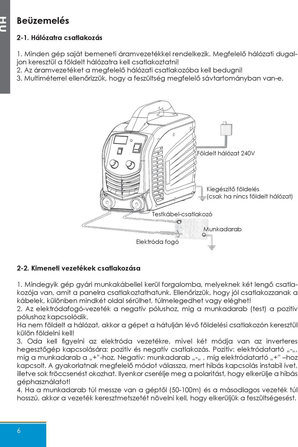 Földelt hálózat 240V Kiegészítő földelés (csak ha nincs földelt hálózat) Testkábel-csatlakozó Elektróda fogó Munkadarab 2-2. Kimeneti vezetékek csatlakozása 1.