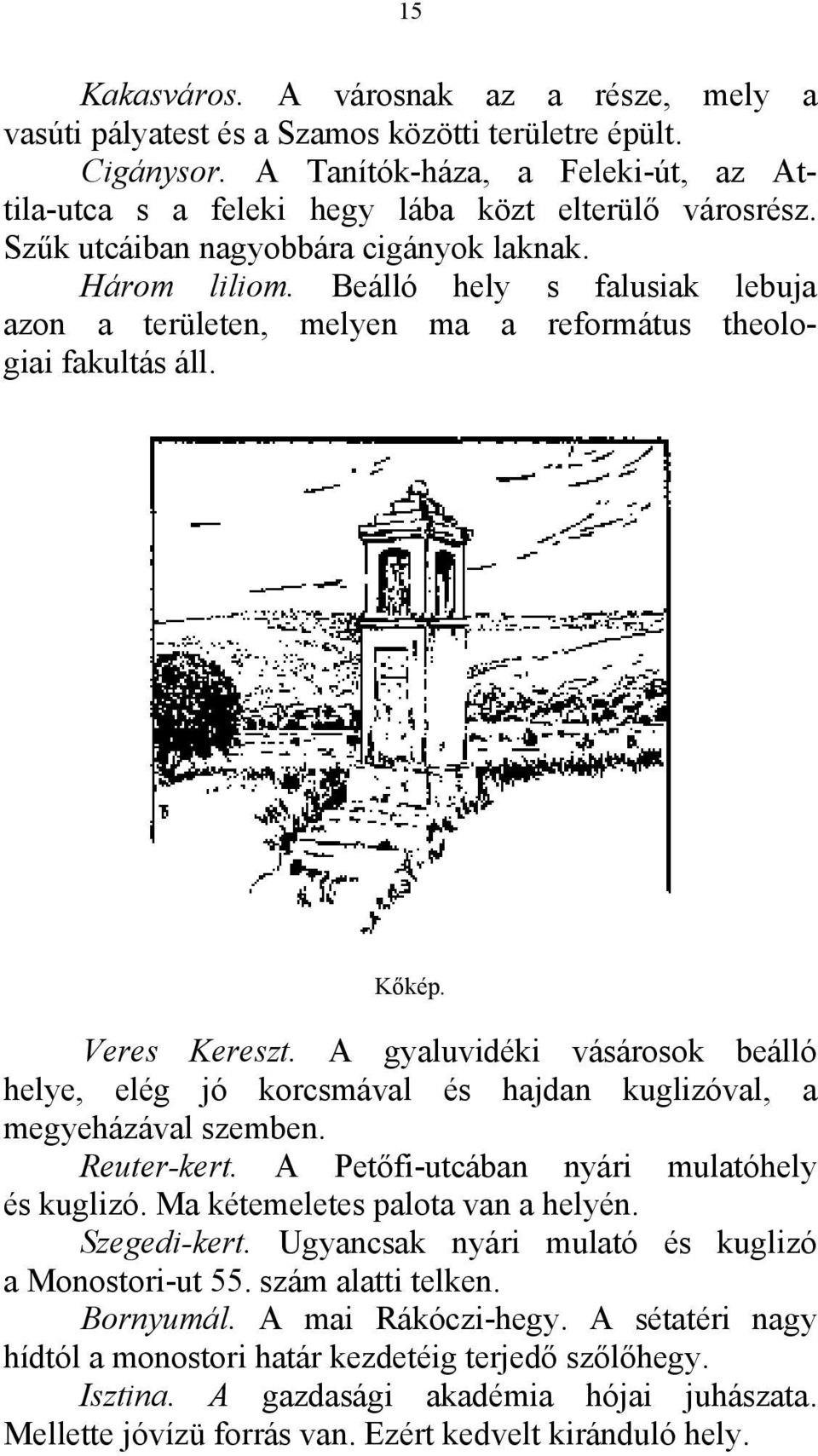 A gyaluvidéki vásárosok beálló helye, elég jó korcsmával és hajdan kuglizóval, a megyeházával szemben. Reuter-kert. A Petőfi-utcában nyári mulatóhely és kuglizó. Ma kétemeletes palota van a helyén.