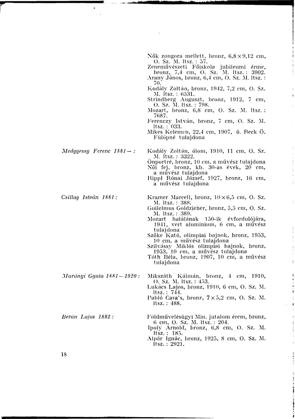 Ferenczv István, bronz, 7 cm, O. Sz. M. ltsz. : 033..Mikes Kelemen, 22,4 cm, 1907, ö. Reck Ö. Fülöpné Medgyessij Ferenc 1881 : Csillag István 1881: Kodálv Zoltán, ólom, 1910, 11 cm, O. Sz. M. ltsz. : 3322.