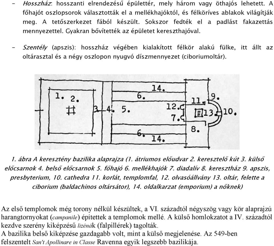 - Szentély (apszis): hosszház végében kialakított félkör alakú fülke, itt állt az oltárasztal és a négy oszlopon nyugvó díszmennyezet (ciboriumoltár). 1. ábra A keresztény bazilika alaprajza (1.