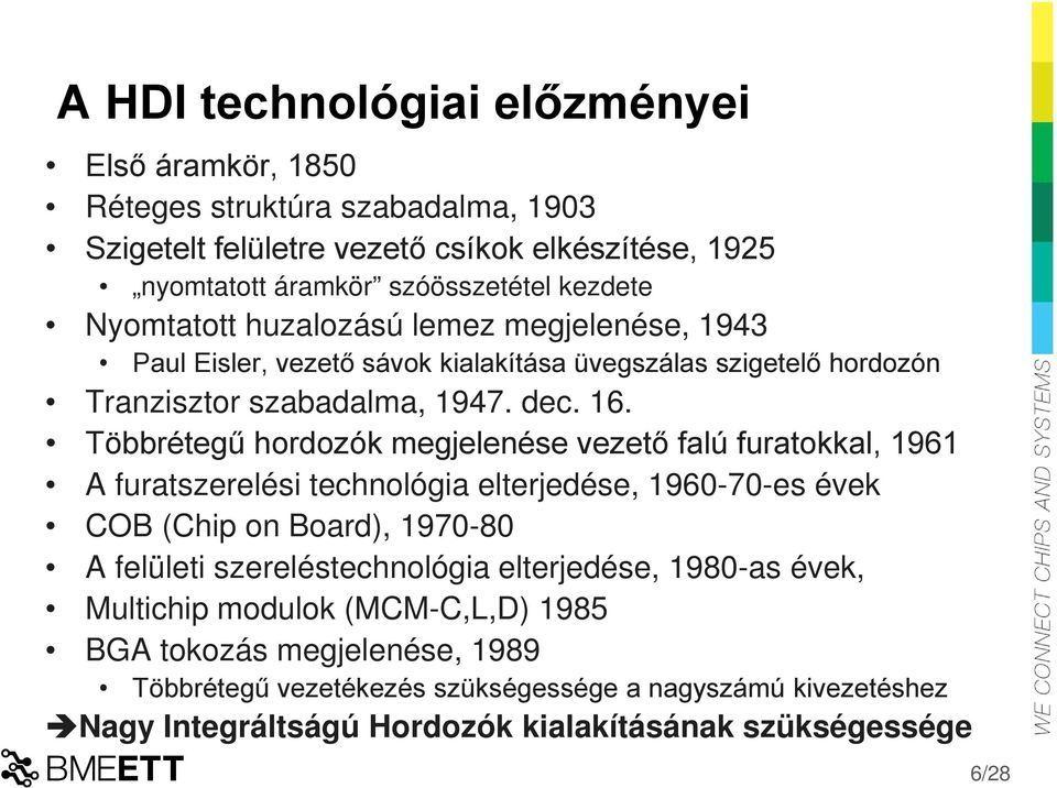 Többrétegű hordozók megjelenése vezető falú furatokkal, 1961 A furatszerelési technológia elterjedése, 1960-70-es évek COB (Chip on Board), 1970-80 A felületi szereléstechnológia