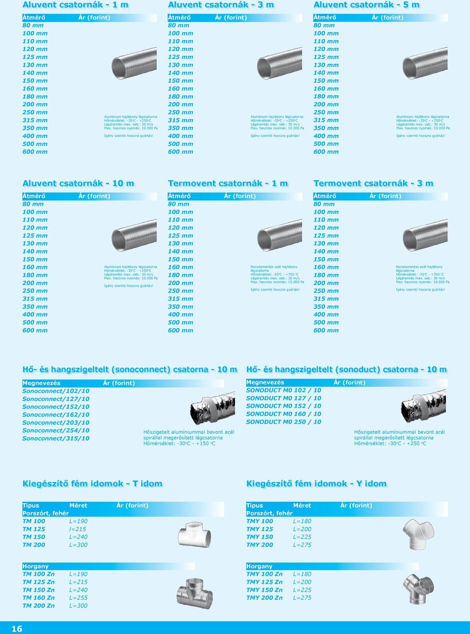 Aluvent csatornák 3 m Átmérő 80 mm 100 mm 110 mm 120 mm mm 130 mm 140 mm 150 mm 160 mm 180 mm 200 mm 250 mm 315 mm 350 mm 400 mm 500 mm 600 mm Alumínium hajlékony légcsatorna Hőmérséklet: 35 o C +250