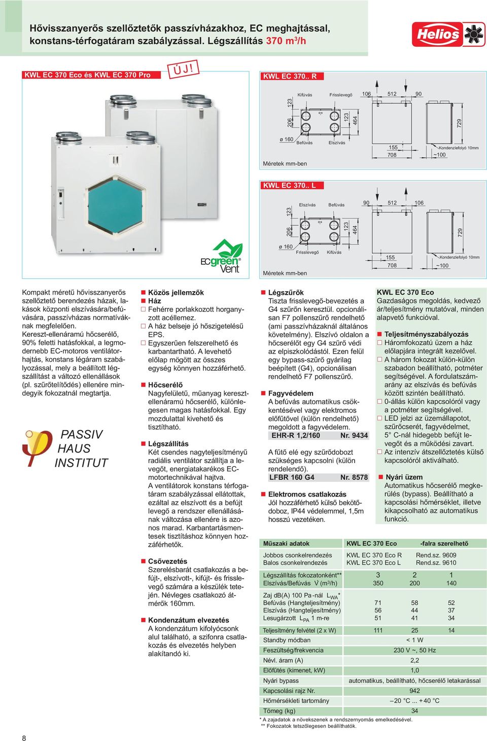 . L Elszívás Befúvás Frisslevegı Méretek mm-ben Kifúvás Kondenzlefolyó 10mm Kompakt mérető hıvisszanyerıs szellıztetı berendezés házak, lakások központi elszívására/befúvására, passzívházas