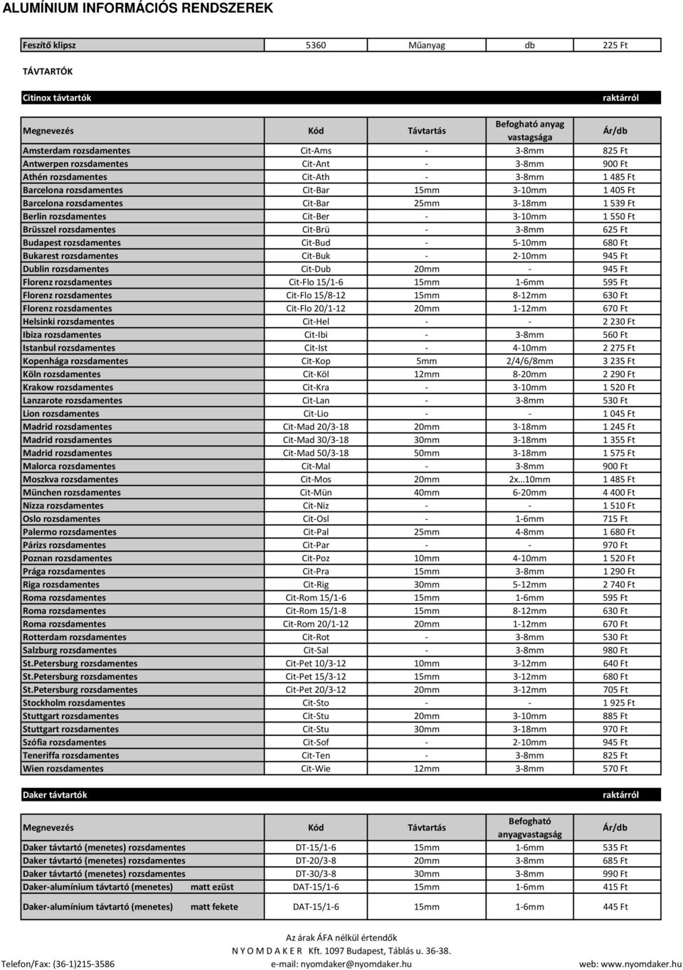 1550 Ft Brüsszel rozsdamentes Cit-Brü - 3-8mm 625 Ft Budapest rozsdamentes Cit-Bud - 5-10mm 680 Ft Bukarest rozsdamentes Cit-Buk - 2-10mm 945 Ft Dublin rozsdamentes Cit-Dub 20mm - 945 Ft Florenz