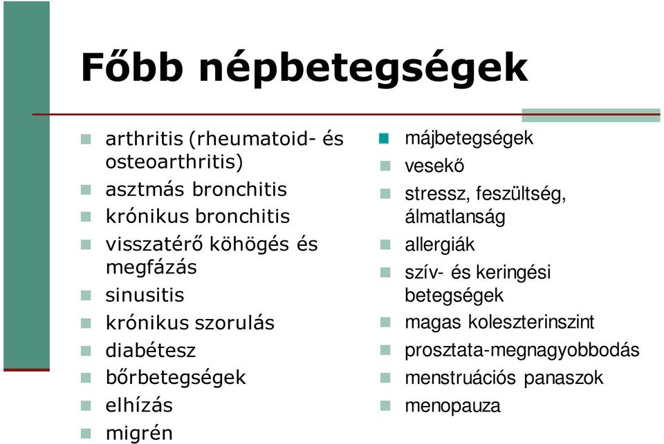 bőrbetegségek elhízás migrén májbetegségek vesekő stressz, feszültség, álmatlanság allergiák