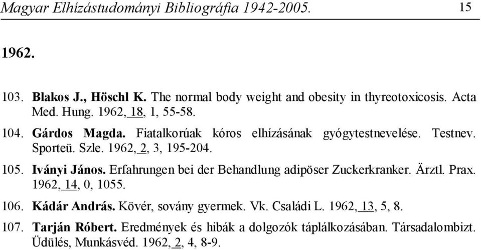 Iványi János. Erfahrungen bei der Behandlung adipöser Zuckerkranker. Ärztl. Prax. 1962, 14, 0, 1055. 106. Kádár András. Kövér, sovány gyermek. Vk.