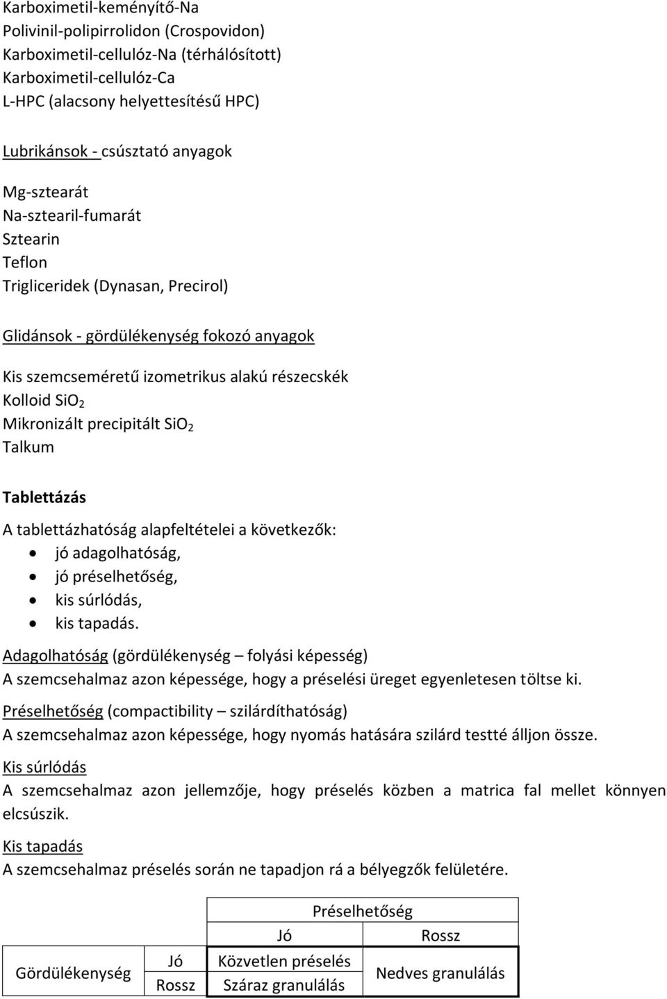 precipitált SiO 2 Talkum Tablettázás A tablettázhatóság alapfeltételei a következők: jó adagolhatóság, jó préselhetőség, kis súrlódás, kis tapadás.