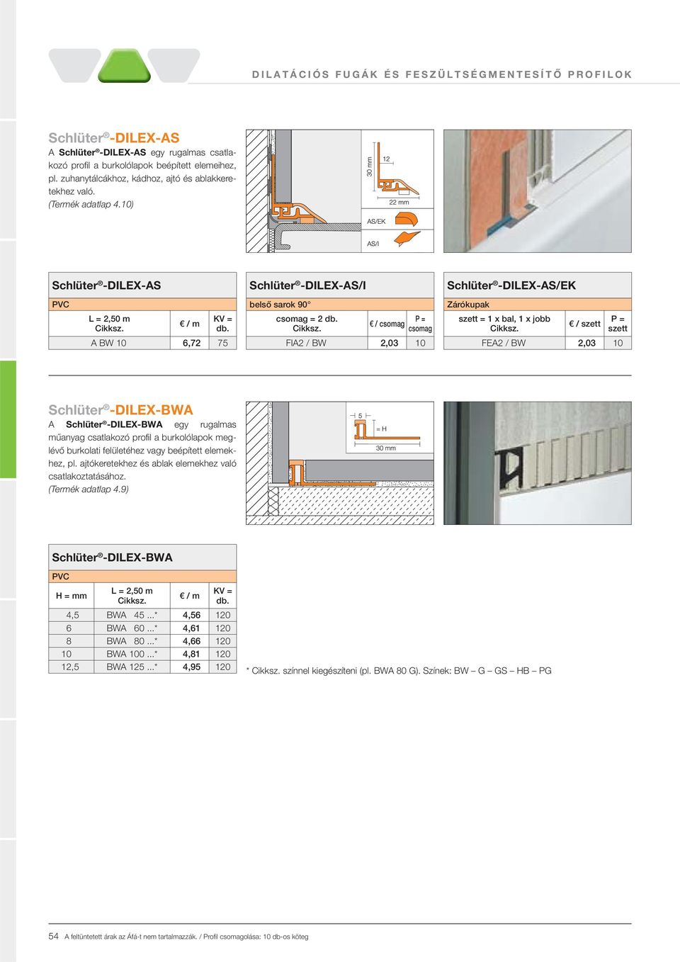 10) Schlüter -DILEX-AS PVC A BW 10 6,72 75 Schlüter -DILEX-AS/I belső sarok 90 csomag = 2 / csomag csomag FIA2 / BW 2,03 10 Schlüter -DILEX-AS/EK Zárókupak szett = 1 x bal, 1 x jobb / szett szett