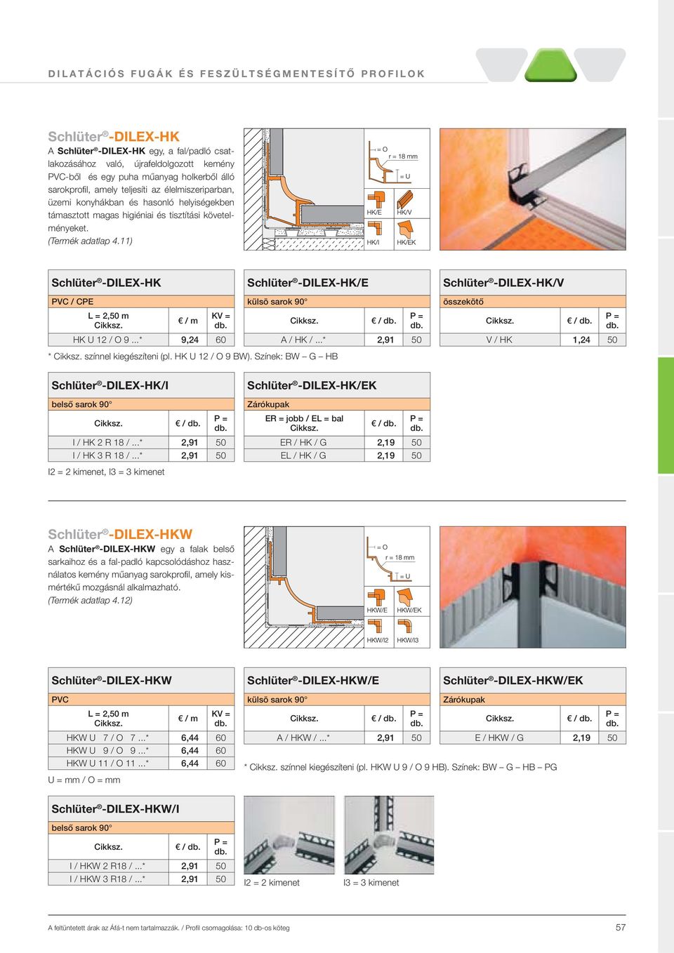 11) Schlüter -DILEX-HK PVC / CPE Schlüter -DILEX-HK/E külsö sarok 90 / HK U 12 / O 9...* 9,24 60 A / HK /...* 2,91 50 * színnel kiegészíteni (pl. HK U 12 / O 9 BW).