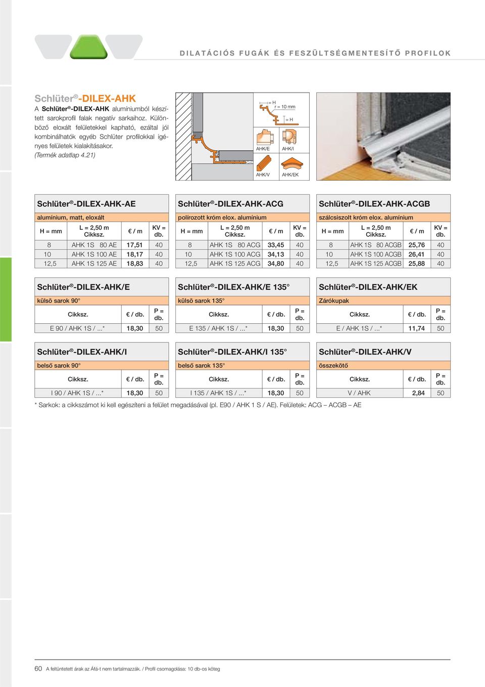 21) Schlüter -DILEX-AHK-AE alumínium, matt, eloxált 8 AHK 1S 80 AE 17,51 40 10 AHK 1S 100 AE 18,17 40 12,5 AHK 1S 125 AE 18,83 40 Schlüter -DILEX-AHK-ACG polírozott króm elox.