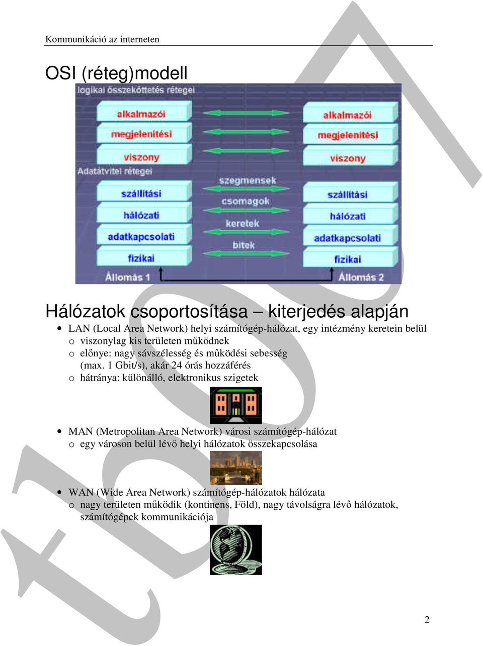 1 Gbit/s), akár 24 órás hozzáférés o hátránya: különálló, elektronikus szigetek MAN (Metropolitan Area Network) városi számítógép-hálózat o egy