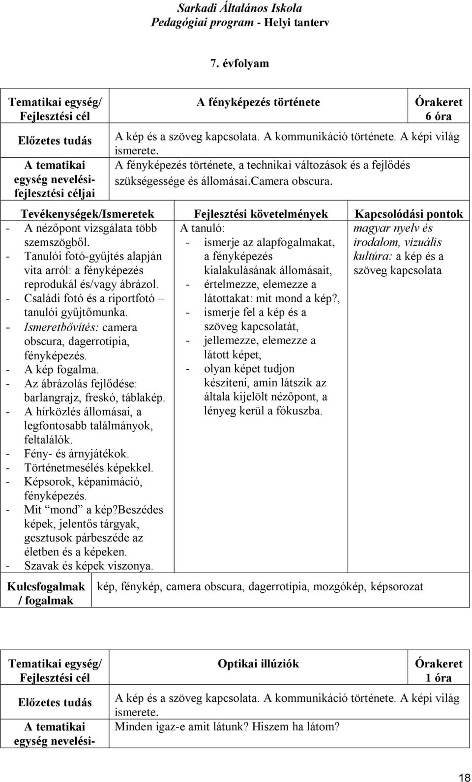 - ismerje az alapfogalmakat, irodalom, vizuális - Tanulói fotó-gyűjtés alapján vita arról: a fényképezés a fényképezés kialakulásának állomásait, kultúra: a kép és a szöveg kapcsolata reprodukál