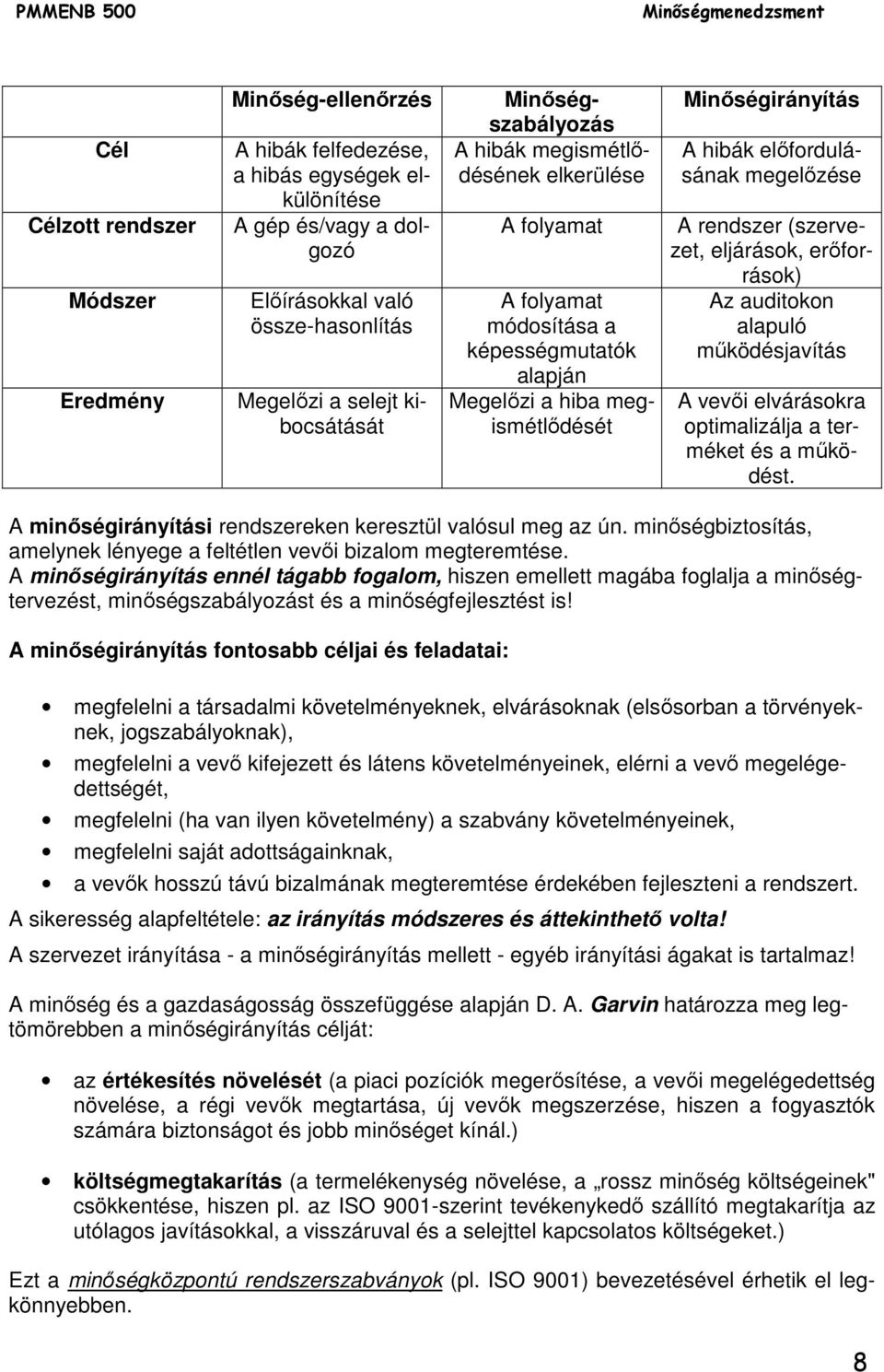 A rendszer (szervezet, eljárások, erőforrások) Az auditokon alapuló működésjavítás A vevői elvárásokra optimalizálja a terméket és a működést.