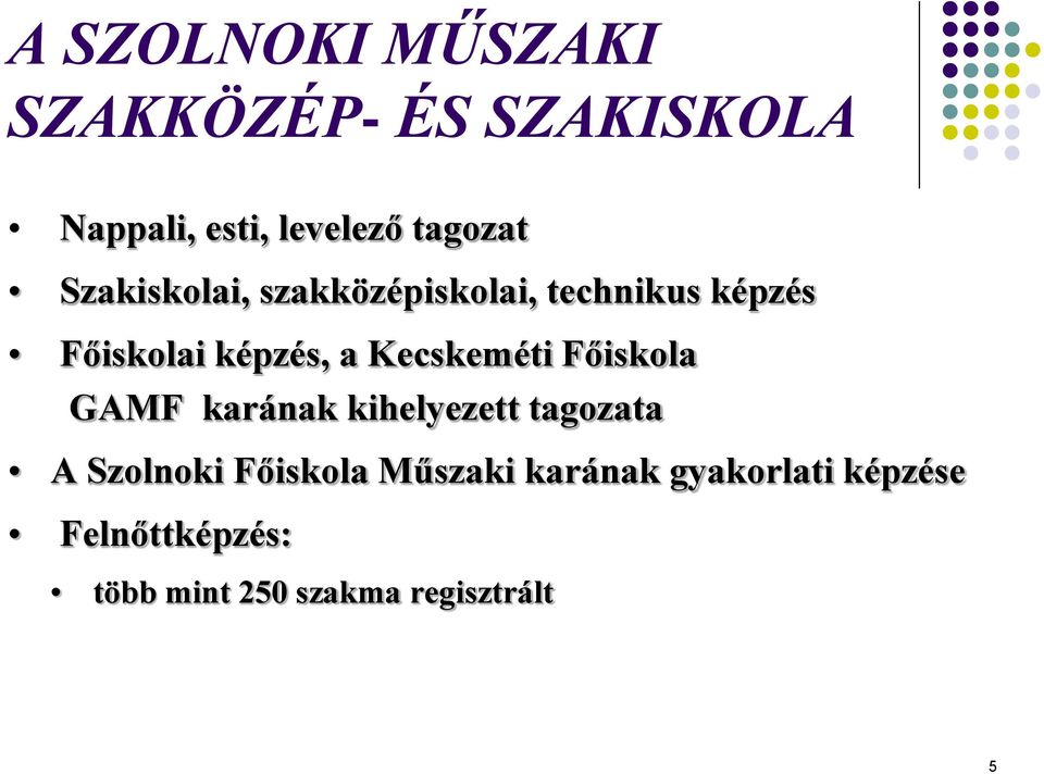 Kecskeméti Főiskola GAMF karának kihelyezett tagozata A Szolnoki Főiskola