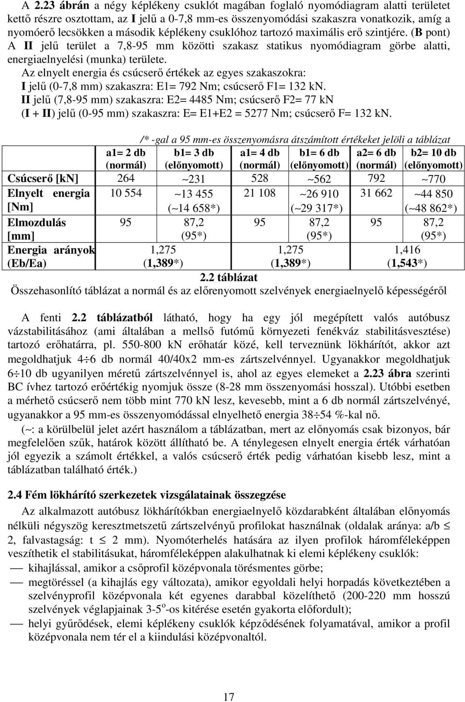 Az elnyelt energia és csúcserő értékek az egyes szakaszokra: I jelű (0-7,8 mm) szakaszra: E1= 792 Nm; csúcserő F1= 132 kn.