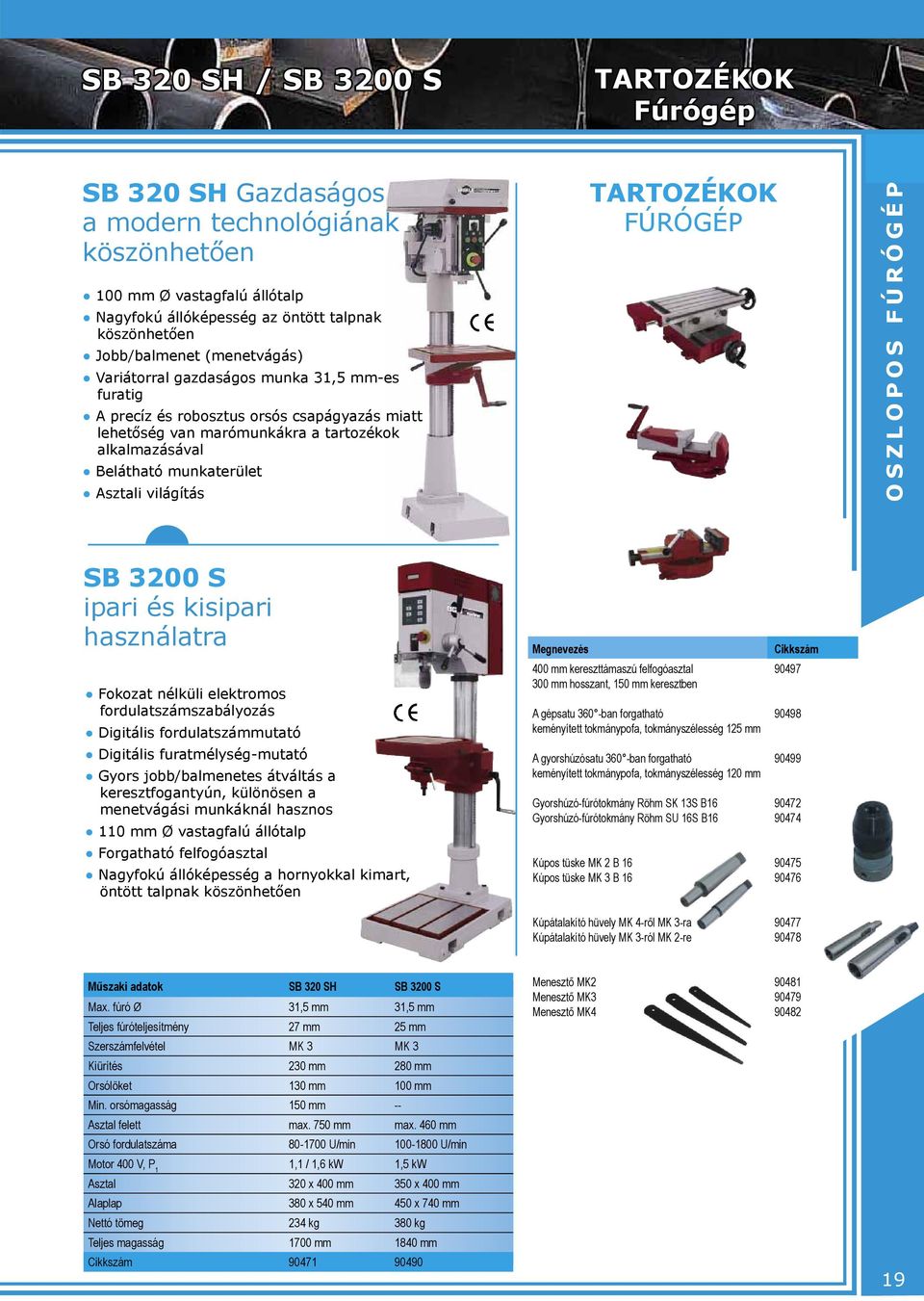 világítás TARTOZÉKOK FÚRÓGÉP OSZLOPOS FÚRÓGÉP SB 3200 S ipari és kisipari használatra Fokozat nélküli elektromos fordulatszámszabályozás Digitális fordulatszámmutató Digitális furatmélység-mutató
