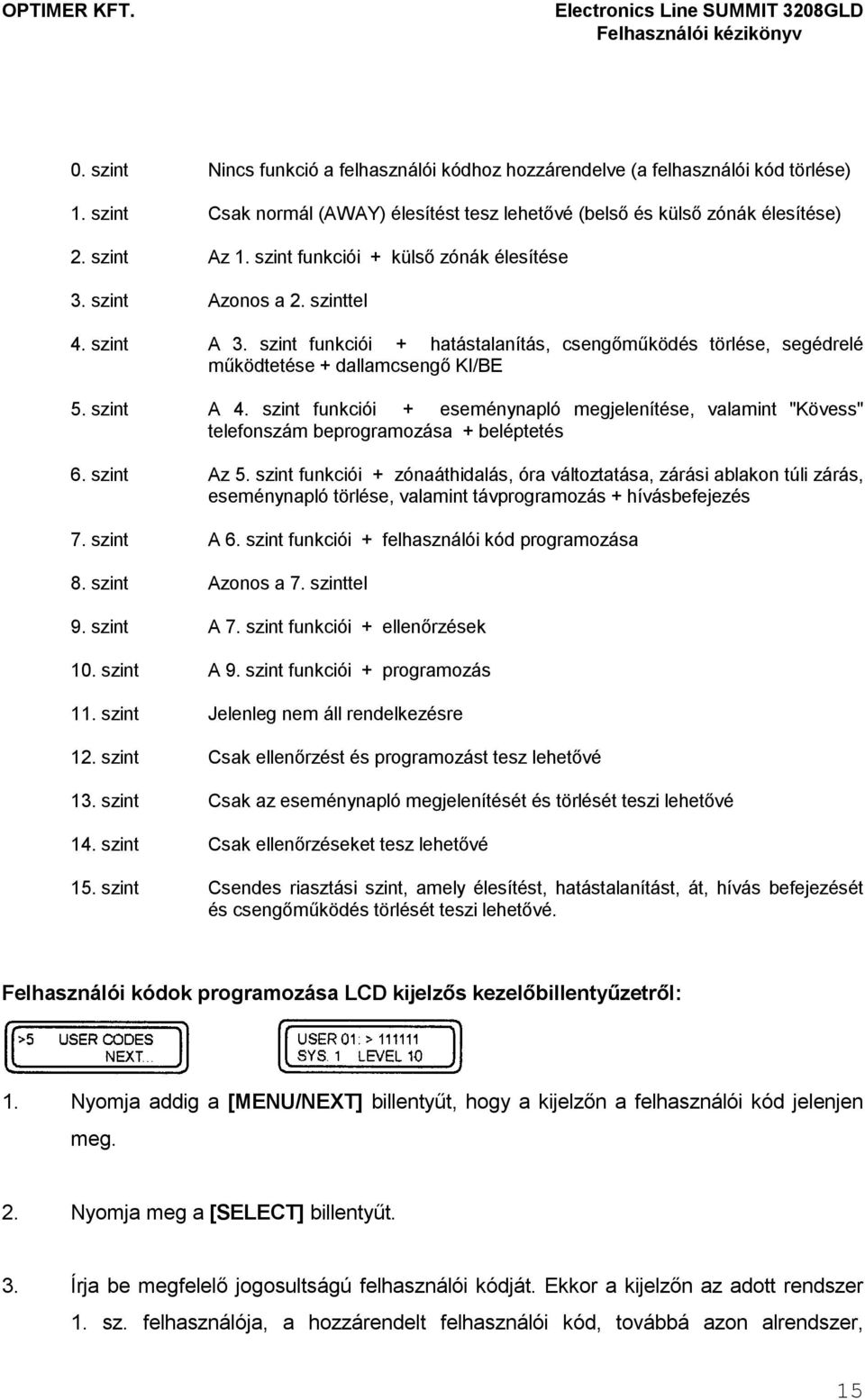 szint funkciói + eseménynapló megjelenítése, valamint "Kövess" telefonszám beprogramozása + beléptetés 6. szint Az 5.