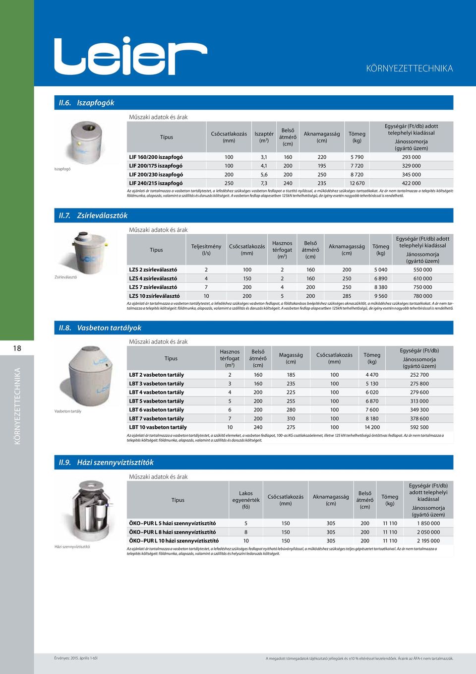 iszapfogó 200 5,6 200 250 8 720 345 000 LIF 240/215 iszapfogó 250 7,3 240 235 12 670 422 000 Az ajánlati ár tartalmazza a vasbeton tartálytestet, a lefedéshez szükséges vasbeton fedlapot a tisztító
