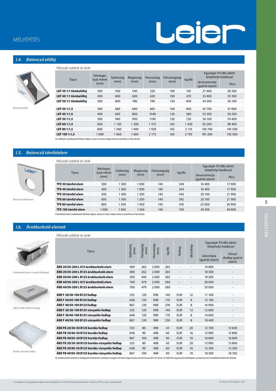 500 800 780 740 120 400 34 200 36 100 Betoncső előfej LEF 30 1:1,5 300 680 680 865 100 400 45 700 47 800 LEF 40 1:1,5 400 820 800 1040 120 580 55 500 58 200 LEF 50 1:1,5 500 940 900 1190 120 720 56