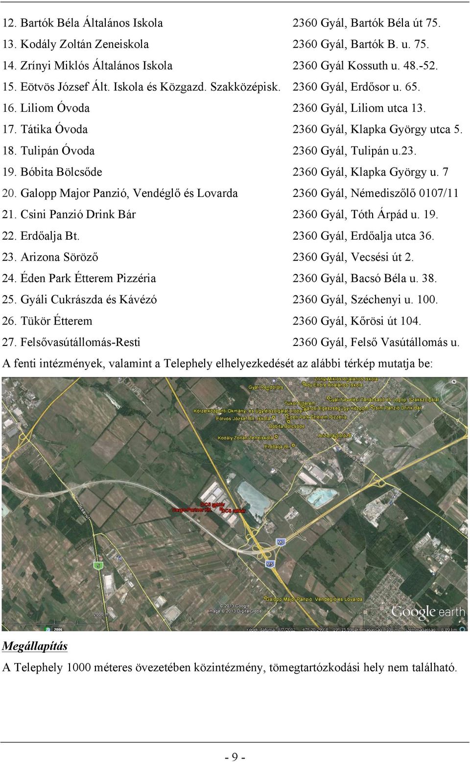 Tulipán Óvoda 2360 Gyál, Tulipán u.23. 19. Bóbita Bölcsőde 2360 Gyál, Klapka György u. 7 20. Galopp Major Panzió, Vendéglő és Lovarda 2360 Gyál, Némediszőlő 0107/11 21.