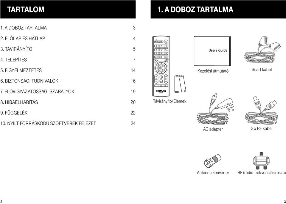 BIZTONSÁGI TUDNIVALÓK 16 7. elővigyázatossági SZABÁLYOK 19 Kezelési útmutató User s Guide Scart kábel 8.