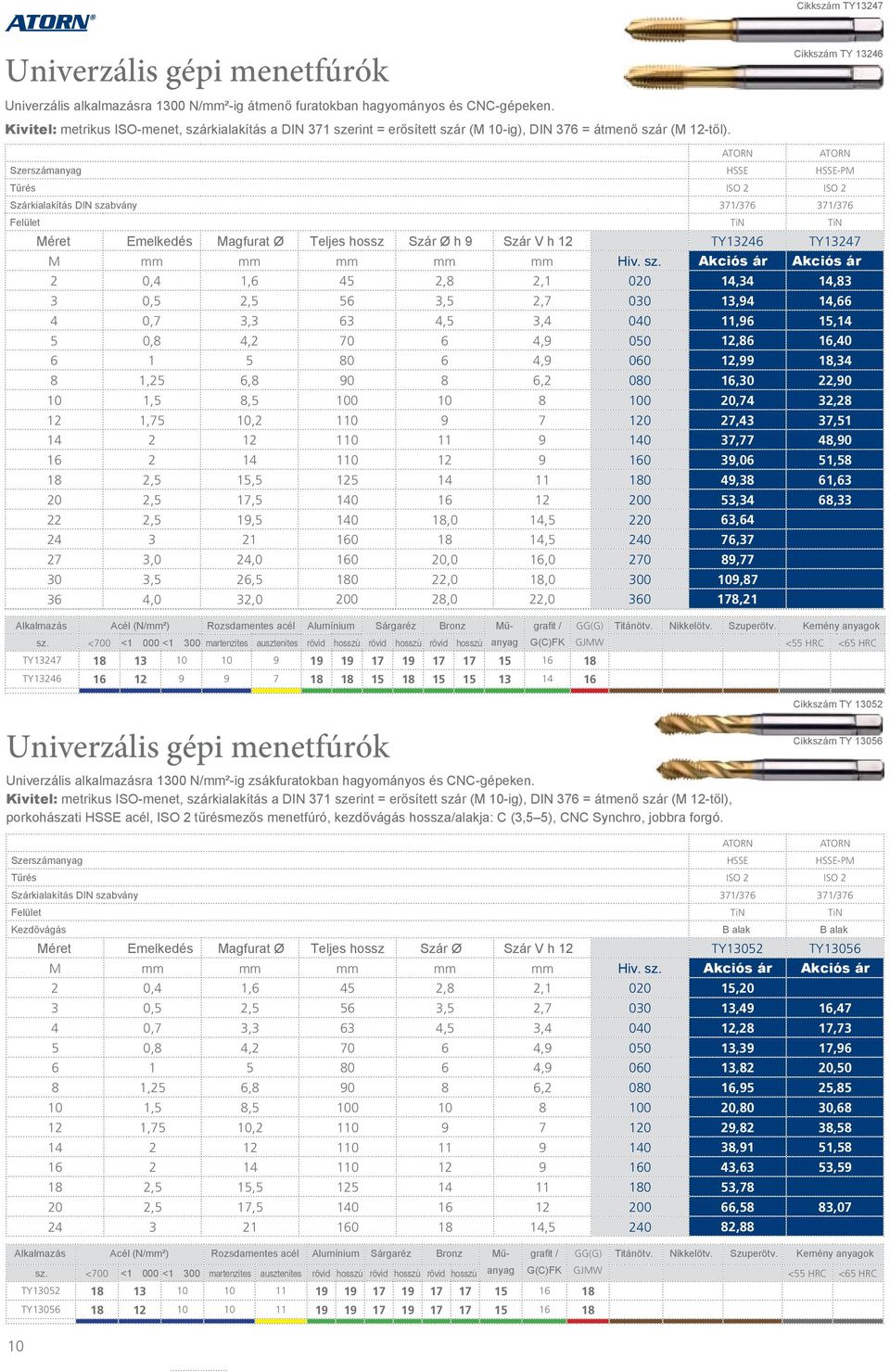 ATORN ATORN Szerszámanyag HSSE HSSE-PM Tűrés ISO 2 ISO 2 Szárkialakítás DIN szabvány 371/376 371/376 Felület TiN TiN Méret Emelkedés Magfurat Ø Teljes hossz Szár Ø h 9 Szár V h 12 TY13246 TY13247 M