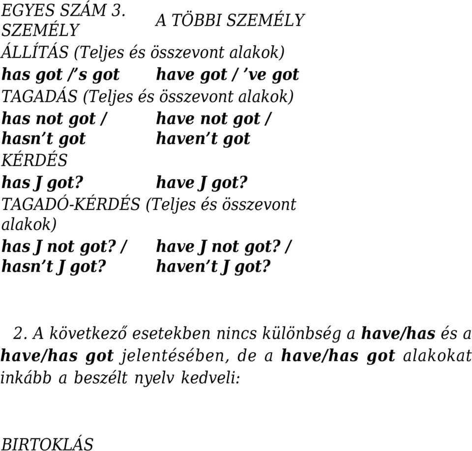 összevont alakok) has not got / have not got / hasn t got haven t got KÉRDÉS has J got? have J got?