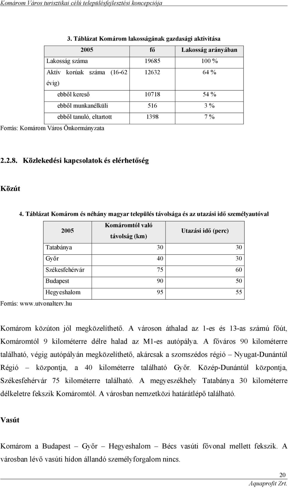 Táblázat Komárom és néhány magyar település távolsága és az utazási idő személyautóval 2005 Komáromtól való távolság (km) Utazási idő (perc) Tatabánya 30 30 Győr 40 30 Székesfehérvár 75 60 Budapest