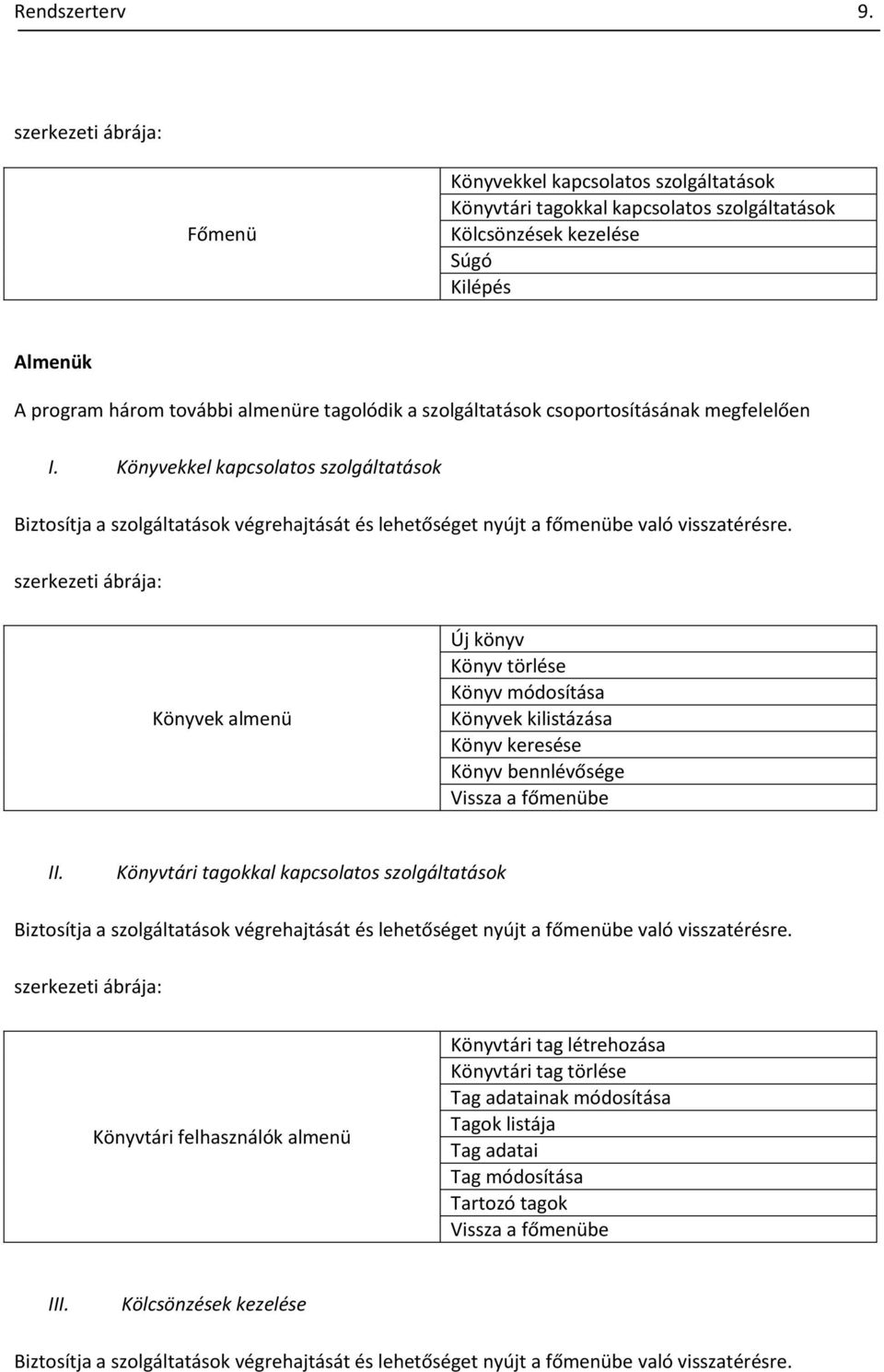 szolgáltatások csoportosításának megfelelően I. Könyvekkel kapcsolatos szolgáltatások Biztosítja a szolgáltatások végrehajtását és lehetőséget nyújt a főmenübe való visszatérésre.