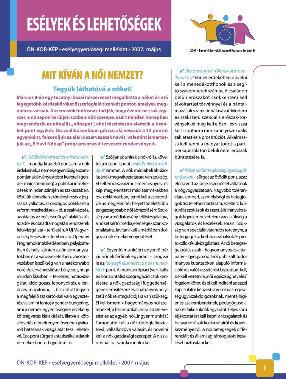 A szervezők fontosnak tartják, hogy évente ne csak egyszer, a nőnapon kerüljön szóba a nők szerepe, ezért minden hónapban megrendezik az aktuális nőnapot, ahol részletesen elemzik a tizenkét pont