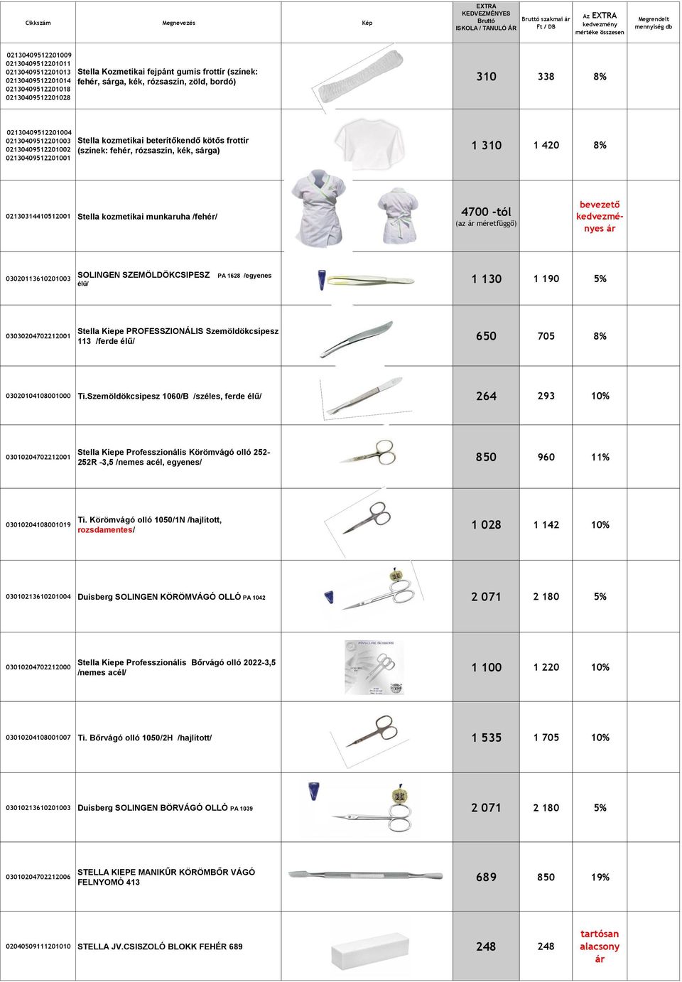 420 8% 02130314410512001 Stella kozmetikai munkaruha /fehér/ 4700 -tól (az méretfüggő) bevezető es 03020113610201003 SOLINGEN SZEMÖLDÖKCSIPESZ PA 1628 /egyenes élű/ 1 130 1 190 5% 03030204702212001