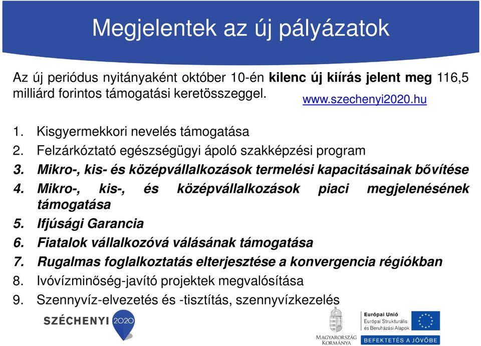 Mikro-, kis-, és középvállalkozások piaci megjelenésének támogatása 5. Ifjúsági Garancia 6. Fiatalok vállalkozóvá válásának támogatása 7.