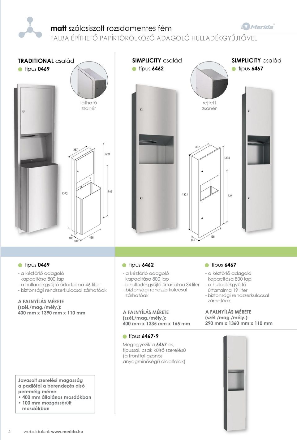 : 400 mm x 1390 mm x 110 mm típus 6462 - a kéztörlő adagoló kapacitása 800 lap - a hulladékgyűjtő űrtartalma 34 liter - biztonsági rendszerkulccsal zárhatóak A FALNYÍLÁS MÉRETE (szél./mag./mély.