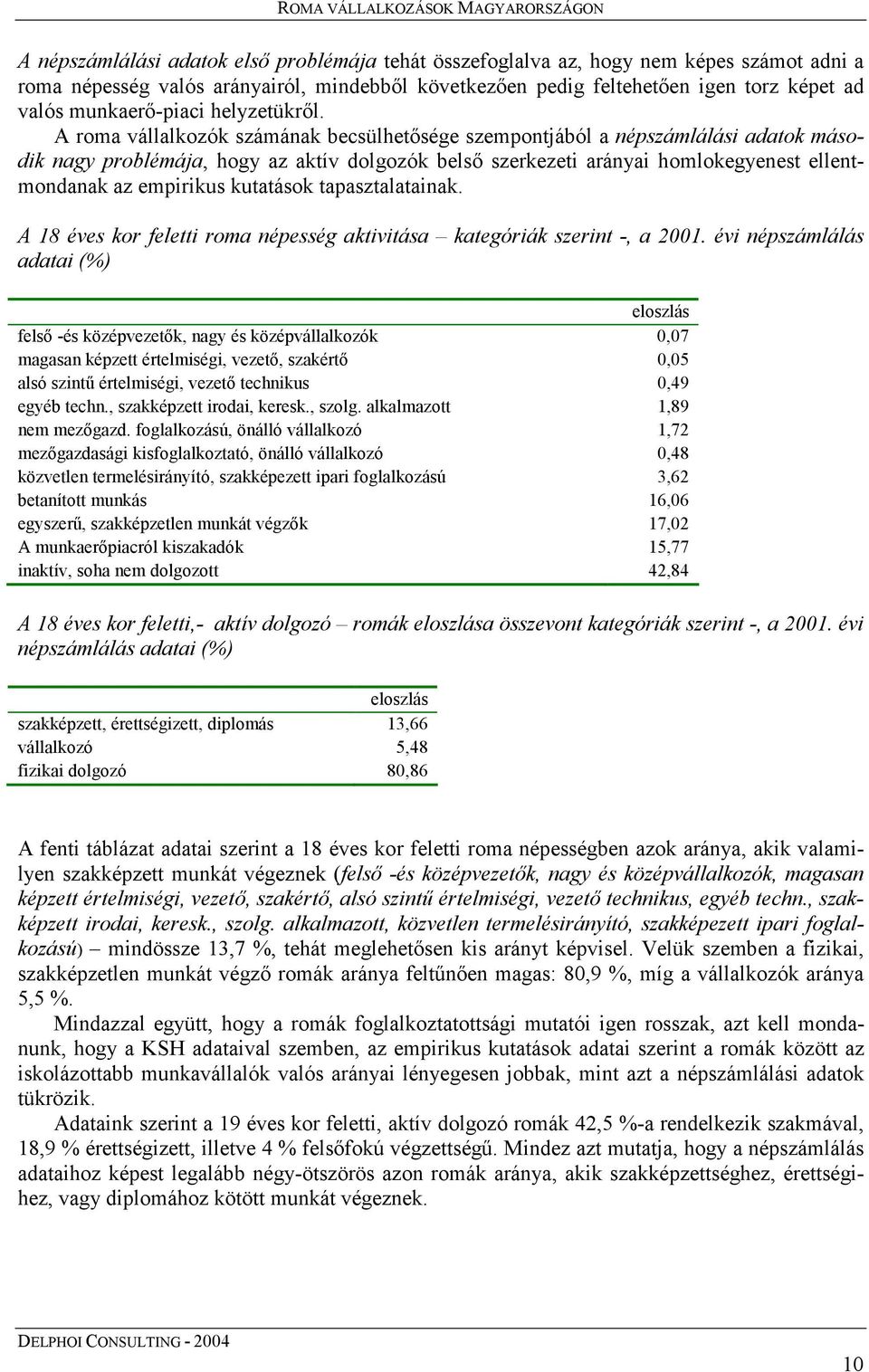 A roma vállalkozók számának becsülhetősége szempontjából a népszámlálási adatok második nagy problémája, hogy az aktív dolgozók belső szerkezeti arányai homlokegyenest ellentmondanak az empirikus