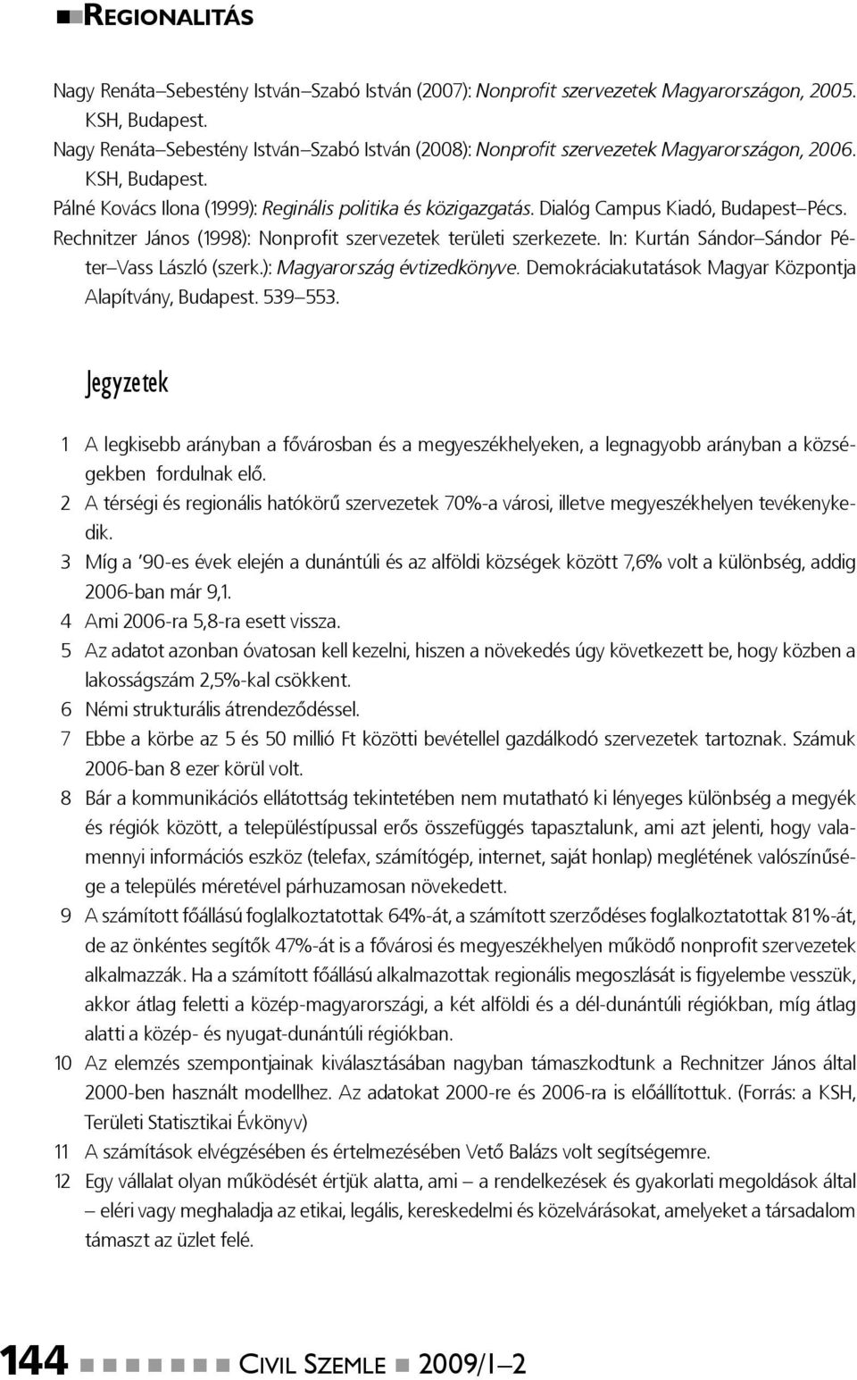 Dialóg Campus Kiadó, Budapest Pécs. Rechnitzer János (1998): Nonprofi t szervezetek területi szerkezete. In: Kurtán Sándor Sándor Péter Vass László (szerk.): Magyarország évtizedkönyve.